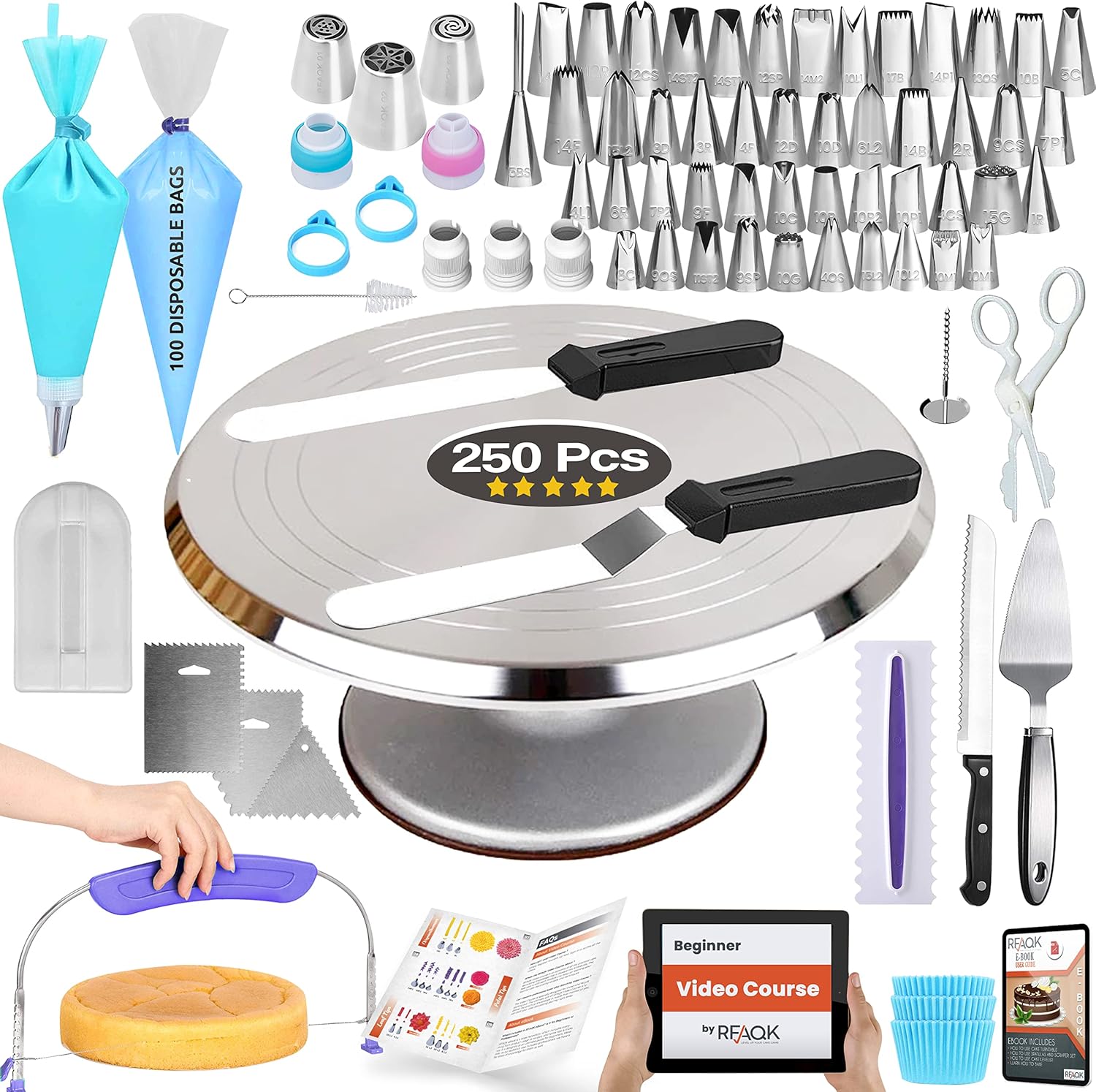 250 PCs Aluminum Cake Decorating Tools Kit with 12" Metal Turntable & Knife set-48 Numbered Icing Tips-3 Russian Piping Nozzles-Straight & Angled Spatula-Cake Leveler& Baking Supplies Tools