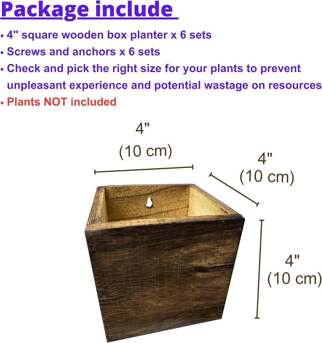 Wood Planter Box for Plants (6 Pack, 4x4 Inch) Small Square Wooden Wall Planters for Indoor Plant, Hanging Window Flower Boxes Herb Planter Table Centerpiece Modern Home Garden Office Decor