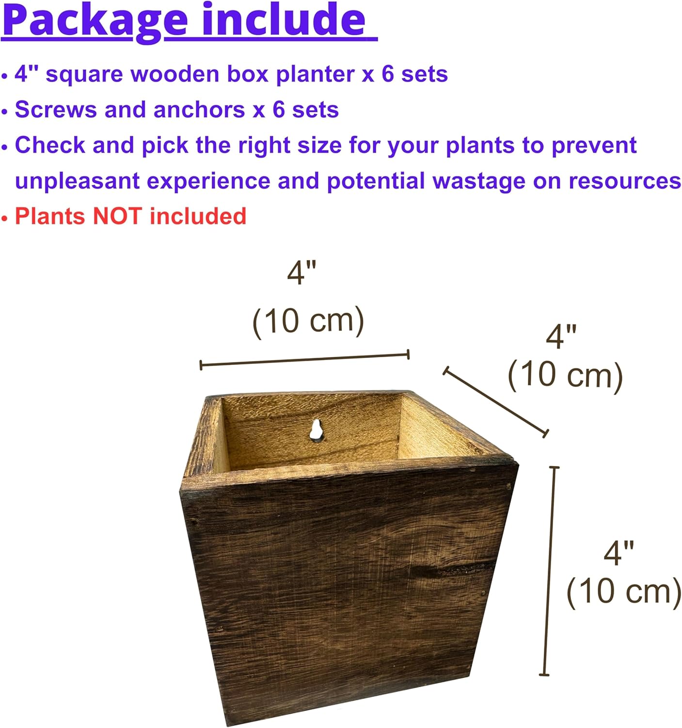 Wood Planter Box for Plants (6 Pack, 4x4 Inch) Small Square Wooden Wall Planters for Indoor Plant, Hanging Window Flower Boxes Herb Planter Table Centerpiece Modern Home Garden Office Decor