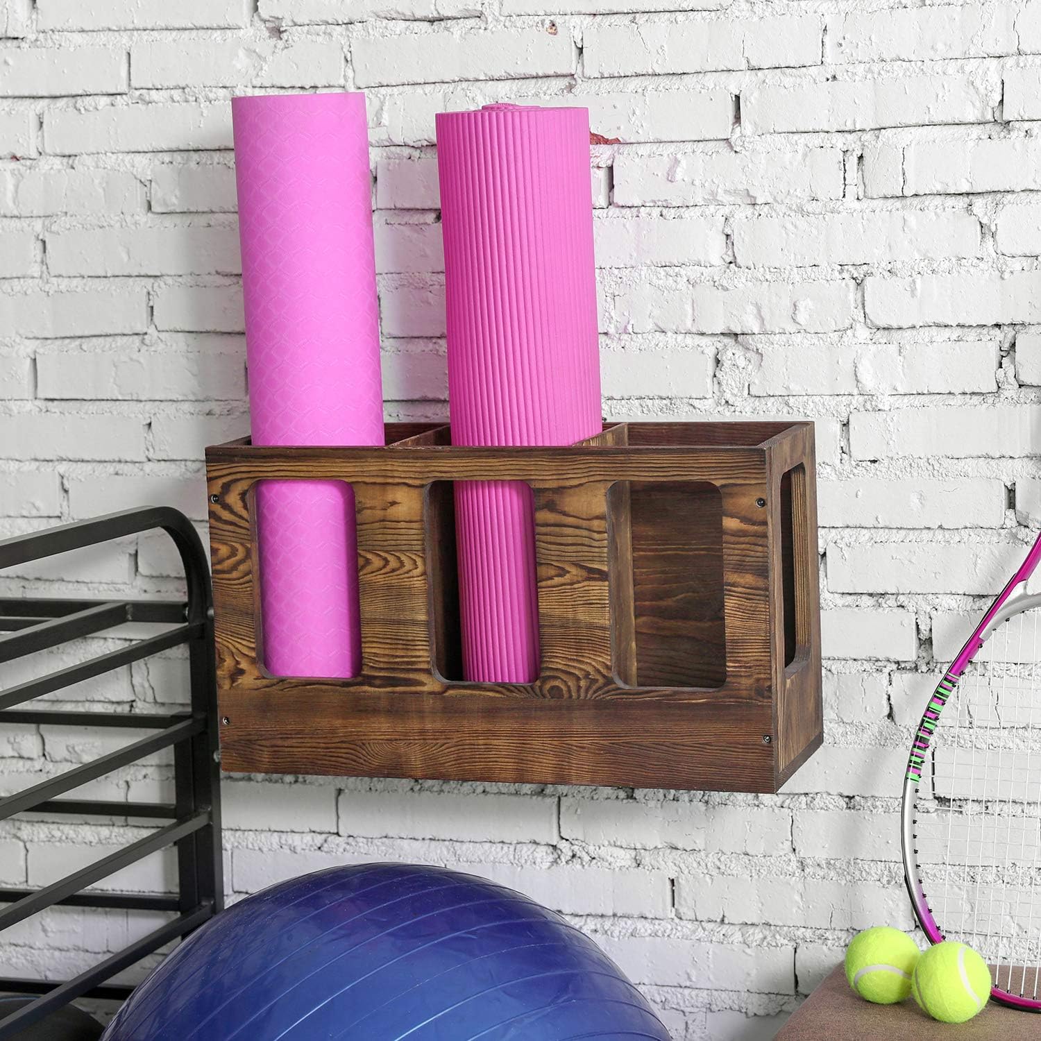 Wall Mounted Vintage Gray Solid Wood Yoga Mat Holder Fitness Gym Foam Roller Storage Organizer, Floor Standing Sports Exercise Mat Rack