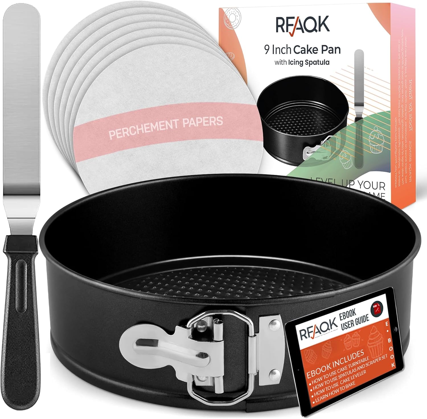 Non-Stick 9 Inch Springform Pan - Spring form Pan for Cheesecake with Removable Bottom, Bonus Icing Spatula with 10 Pcs Parchment Paper & Recipe E-Book - Ideal for Baking Cakes, Pizzas, & More!