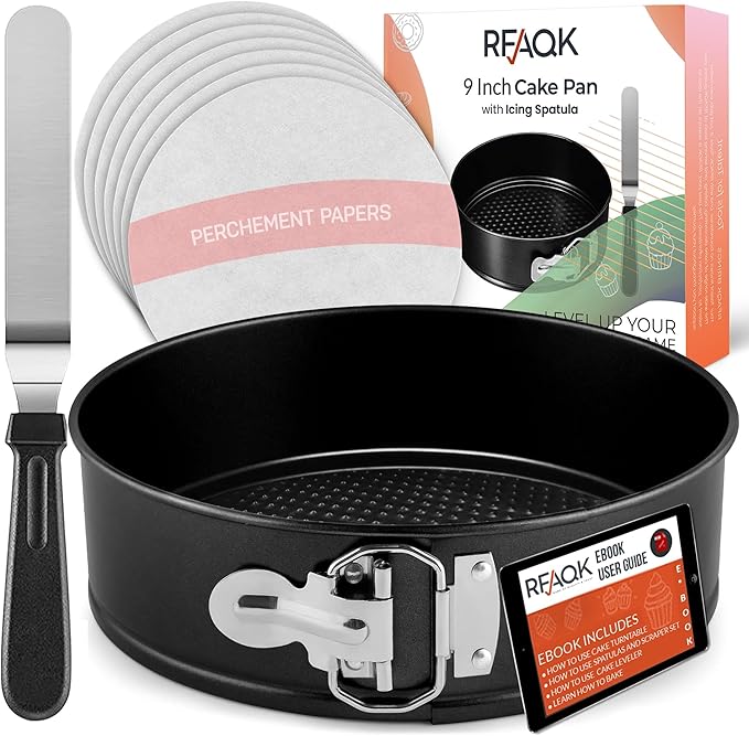Non-Stick 9 Inch Springform Pan - Spring form Pan for Cheesecake with Removable Bottom, Bonus Icing Spatula with 10 Pcs Parchment Paper & Recipe E-Book - Ideal for Baking Cakes, Pizzas, & More!