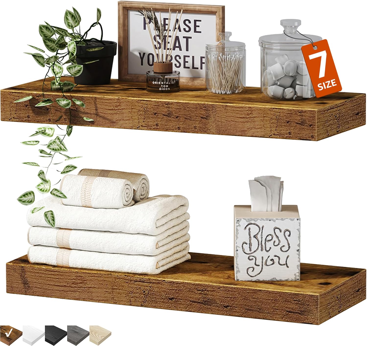 Bathroom Floating Shelves for Wall Mounted Shelf Over Toilet Farmhouse Home Decor Display Shelving Small 16 inch Set of 2, Rustic Brown