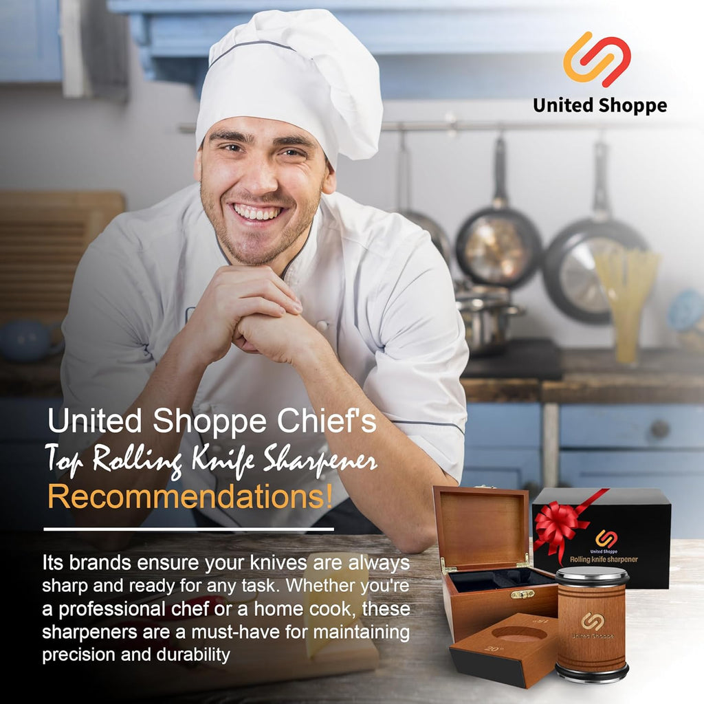 Rolling Knife Sharpener with Protective Wooden Box, Knife Sharpening Made Easy - Knife Sharpener Tool for Kitchen Knives, Kitchen knife Sharpener kit with 15° & 20° Magnetic Angle(Brown)