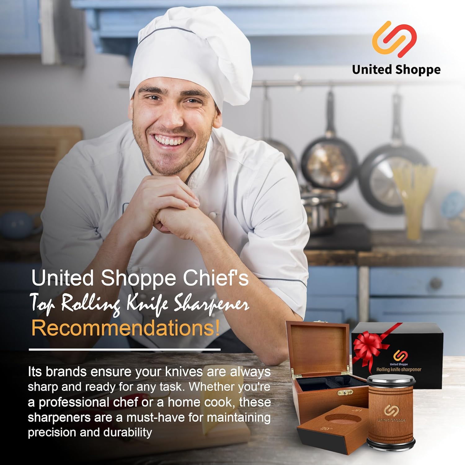 Rolling Knife Sharpener with Protective Wooden Box, Knife Sharpening Made Easy - Knife Sharpener Tool for Kitchen Knives, Kitchen knife Sharpener kit with 15° & 20° Magnetic Angle(Brown)