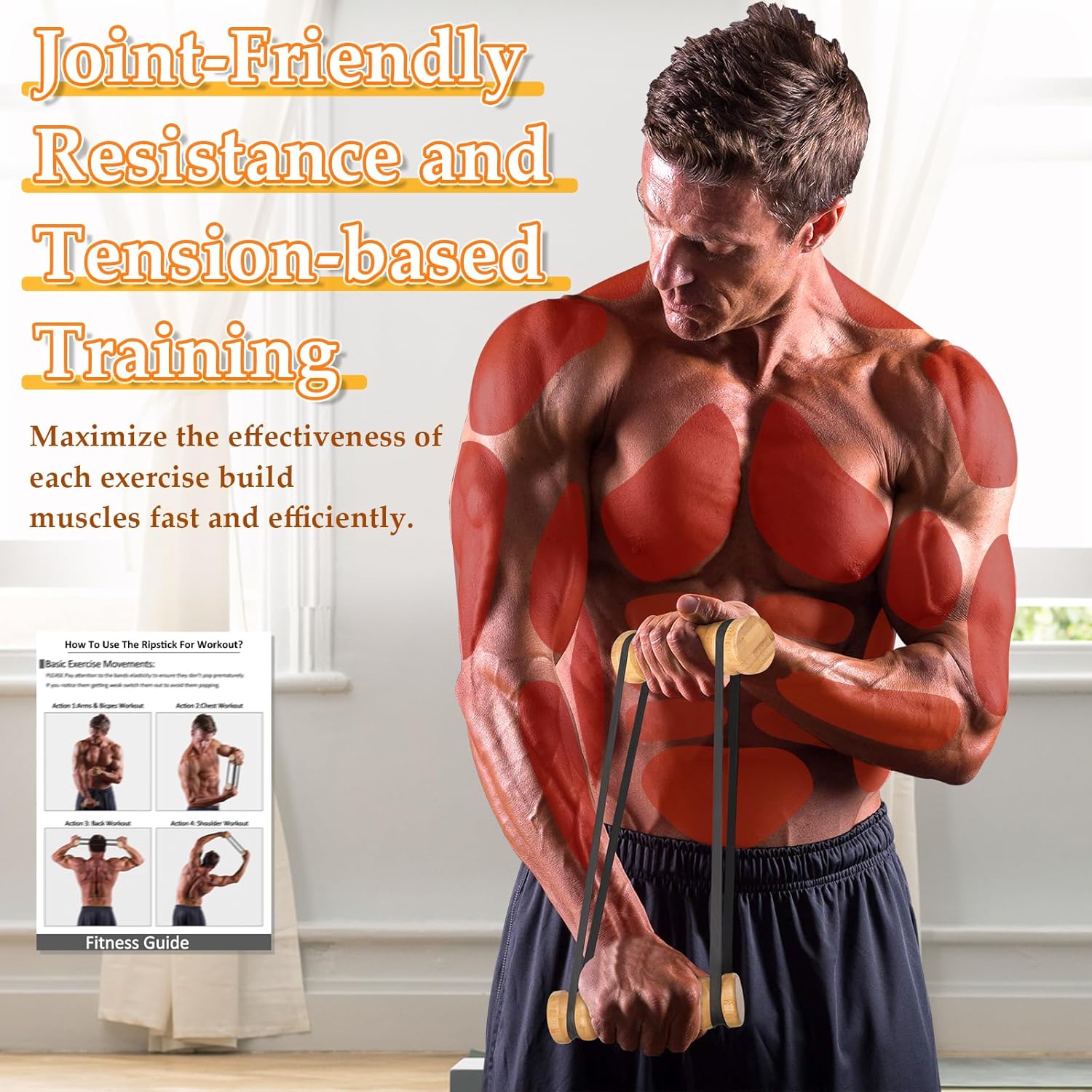 Rip Stick Efficient Upper Body Workout Equipment Home Gym, Adjustable Resistance Bands with Wooden Handles, Portable Exercise Equipment, Joint-Friendly, 8 Rip Stick Bands Included