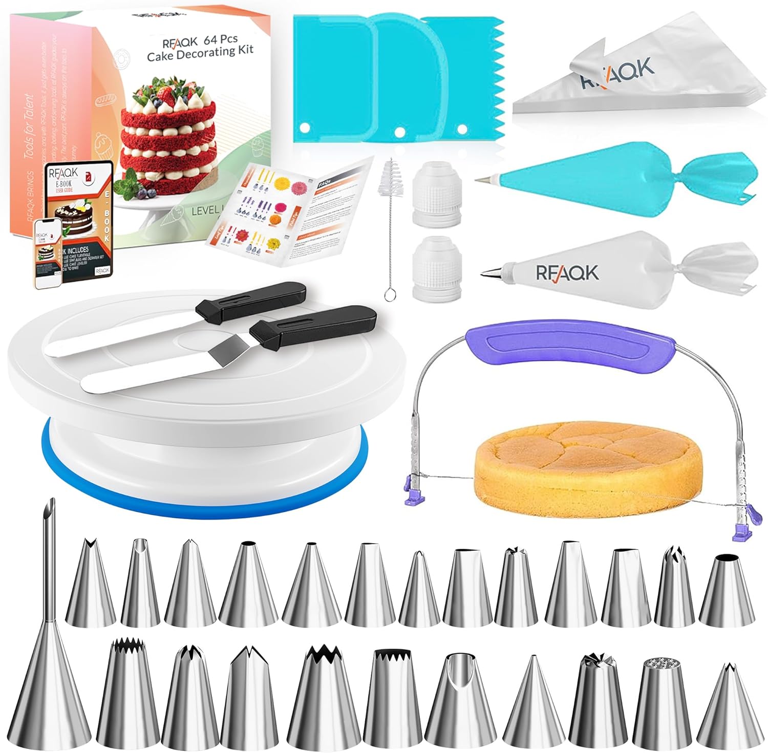 64 PCs Cake Decorating Kit for Beginners Includes Video Course, Booklet + Baking Supplies Gift - Cake Stand, Leveler, 24 Numbered Piping Tips, Straight & Offset Spatula, & Scraper sets