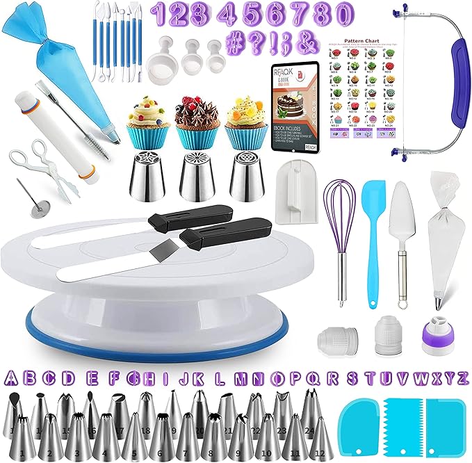 200PCs Cake Decorating Kit for Beginners with Turntable for Decoration - Piping Bags and Tips Set (110+55), Straight & Offset Spatula, Leveler, Video Course, Pattern Chart & More Baking Supplies