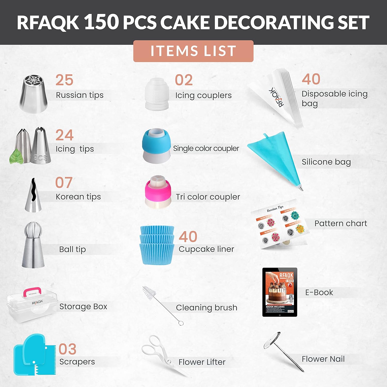 150PCs Russian Piping Tips for Cake Decorating - Piping Bags and Tips Set include 25 Extra Large Russian Tips,31 Icing Tips, 41 Pastry Bags & Other Frosting Tools for Cookie, Cupcake & Cake Decoration