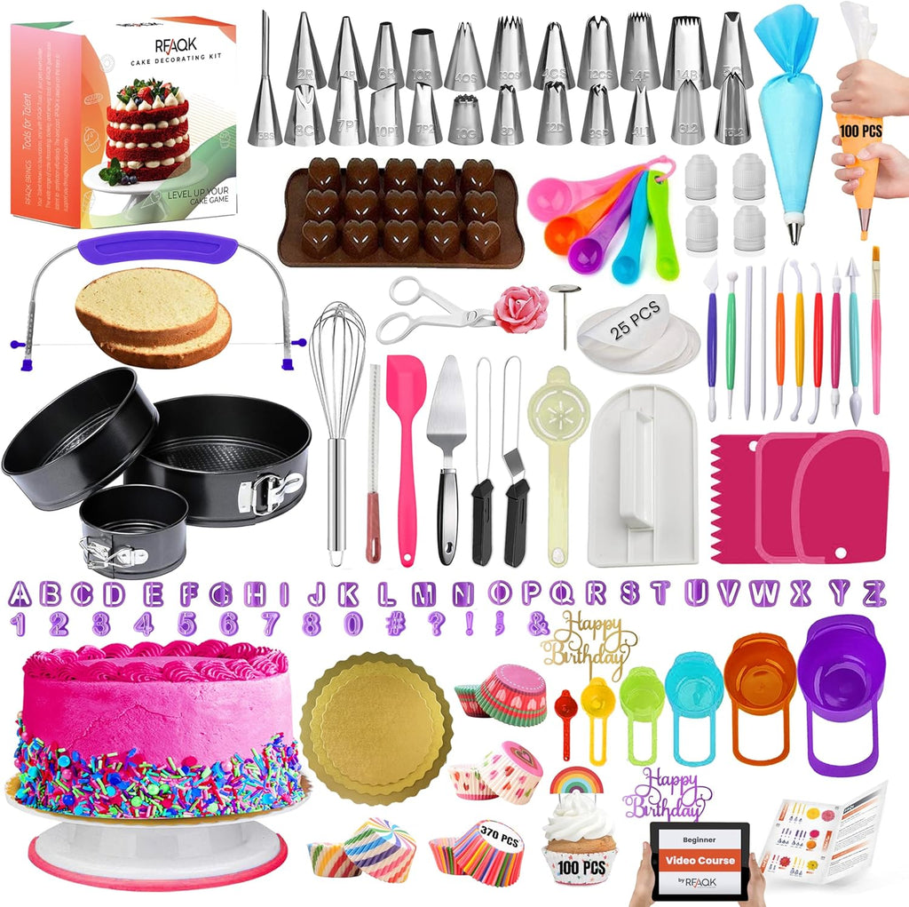 700PCs Cake Decorating Kit with Baking Supplies - Cake Turntable for Decorating with Baking Pans, Leveler, 24 Numbered Piping Tips, 2 Spatulas, Fondant Tools, Video Course, Pattern Chart & More