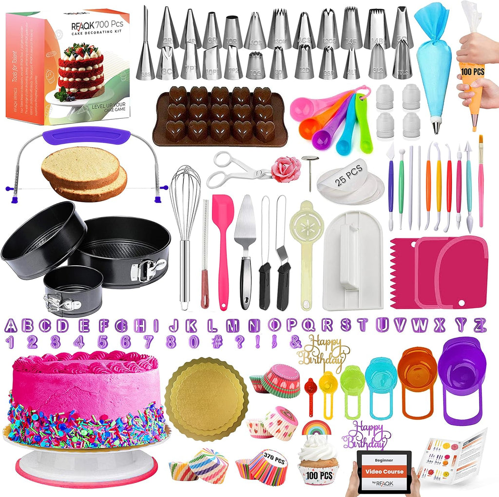700PCs Cake Decorating Kit with Baking Supplies - Cake Turntable for Decorating with Baking Pans, Leveler, 24 Numbered Piping Tips, 2 Spatulas, Fondant Tools, Video Course, Pattern Chart & More