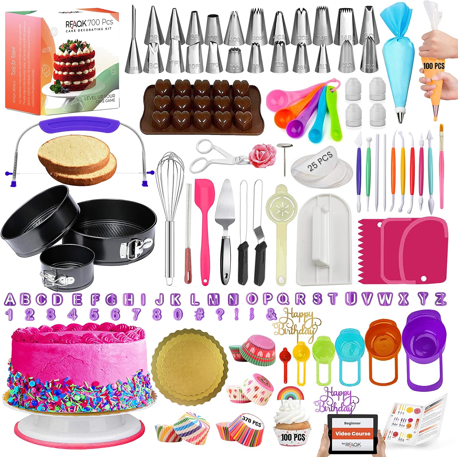 700PCs Cake Decorating Kit with Baking Supplies - Cake Turntable for Decorating with Baking Pans, Leveler, 24 Numbered Piping Tips, 2 Spatulas, Fondant Tools, Video Course, Pattern Chart & More