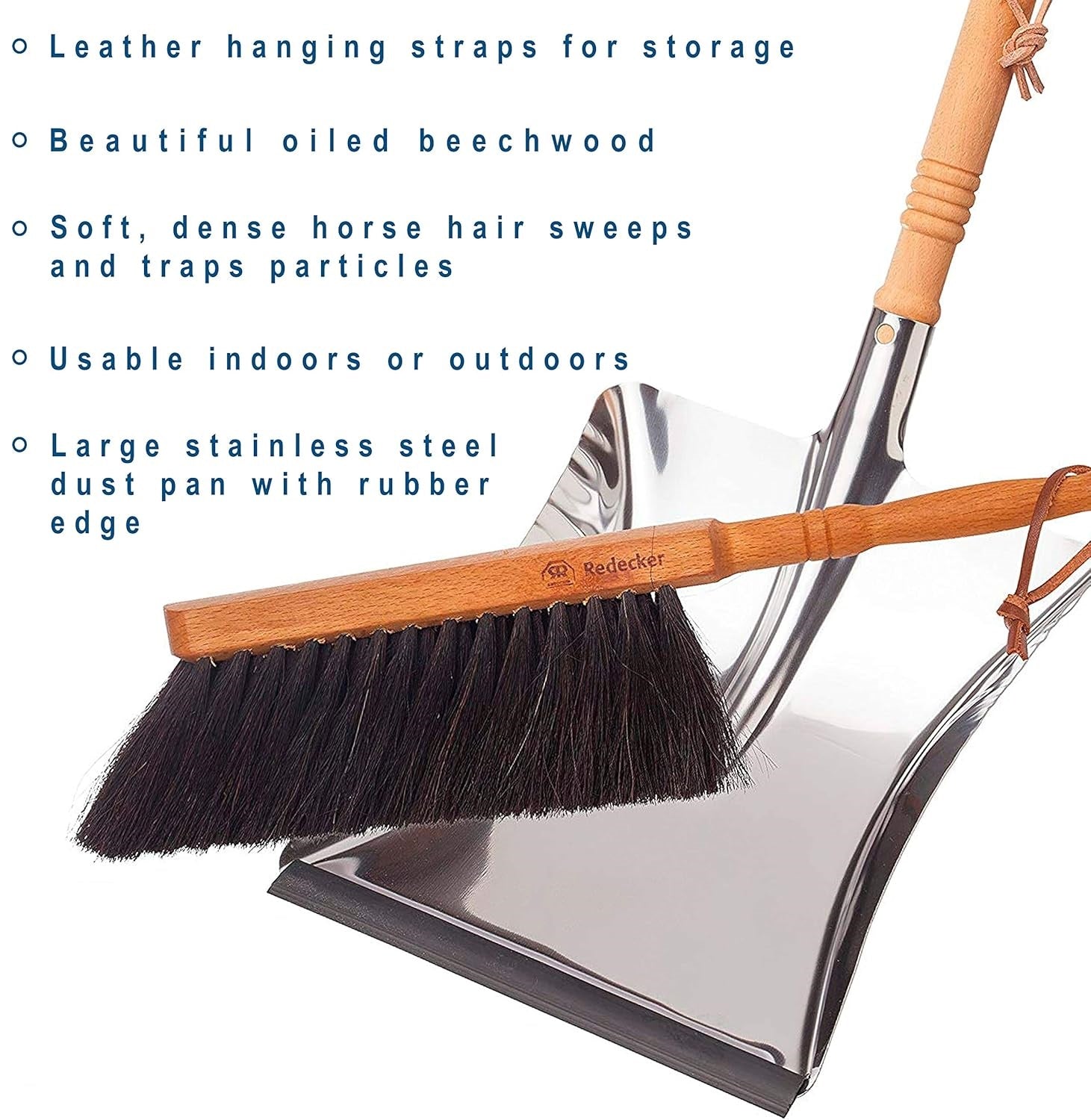Horsehair Fiber Hand Brush and Dust Pan Set - Wooden Broom and Dustpan Set for Home - Outdoor Dust Pan and Brush - Oiled Beechwood Handles - Large Capacity Stainless Steel Dust Pan