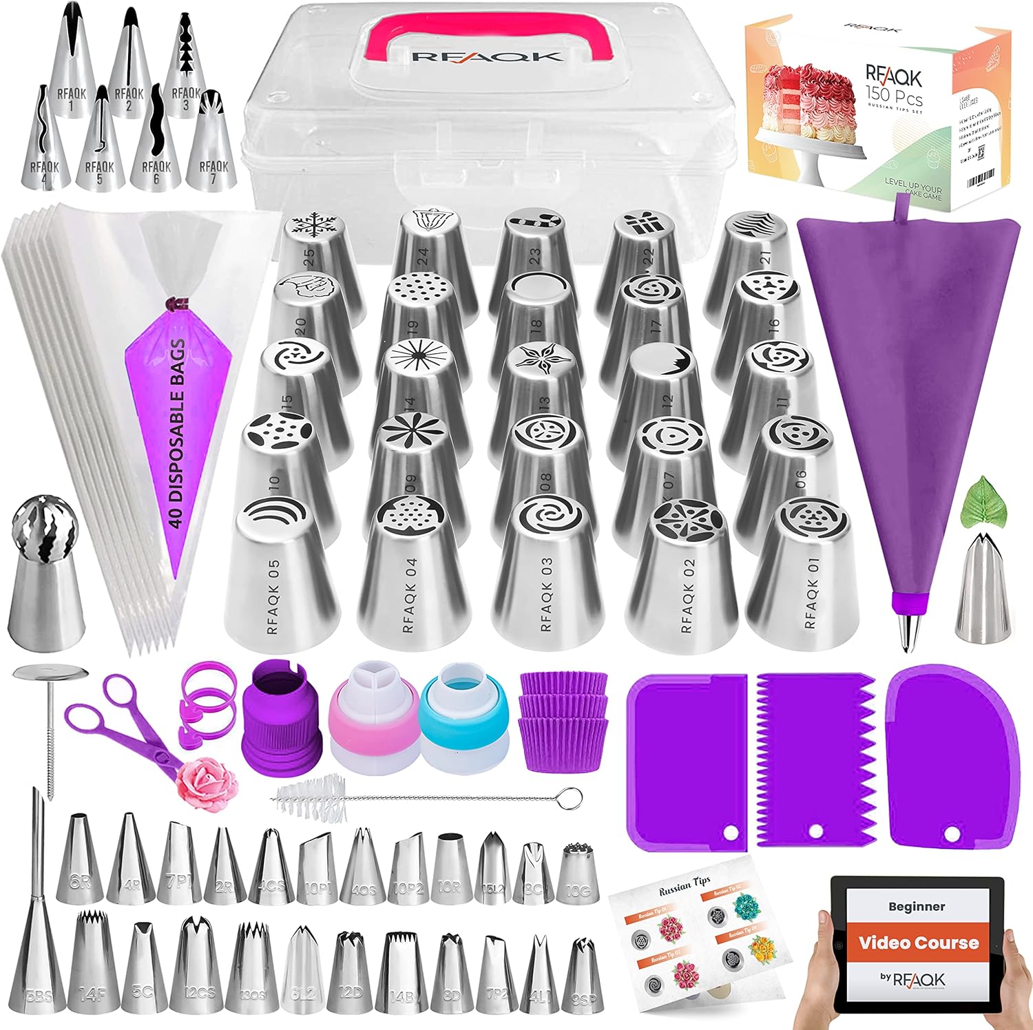 150PCs Russian Piping Tips for Cake Decorating - Piping Bags and Tips Set include 25 Extra Large Russian Tips,31 Icing Tips, 41 Pastry Bags & Other Frosting Tools for Cookie, Cupcake & Cake Decoration