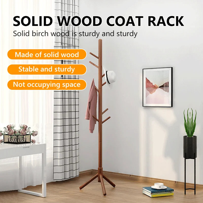 Wood Coat Rack Stand with 9 Hooks, 3 Height Adjustable, simple Freestanding Solid Wooden Coat Tree Hanger for Clothes, Hats, Scarves, bags, Jackets, Bedroom