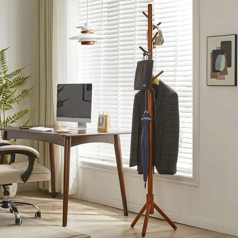 Wood Coat Rack Stand with 9 Hooks, 3 Height Adjustable, simple Freestanding Solid Wooden Coat Tree Hanger for Clothes, Hats, Scarves, bags, Jackets, Bedroom