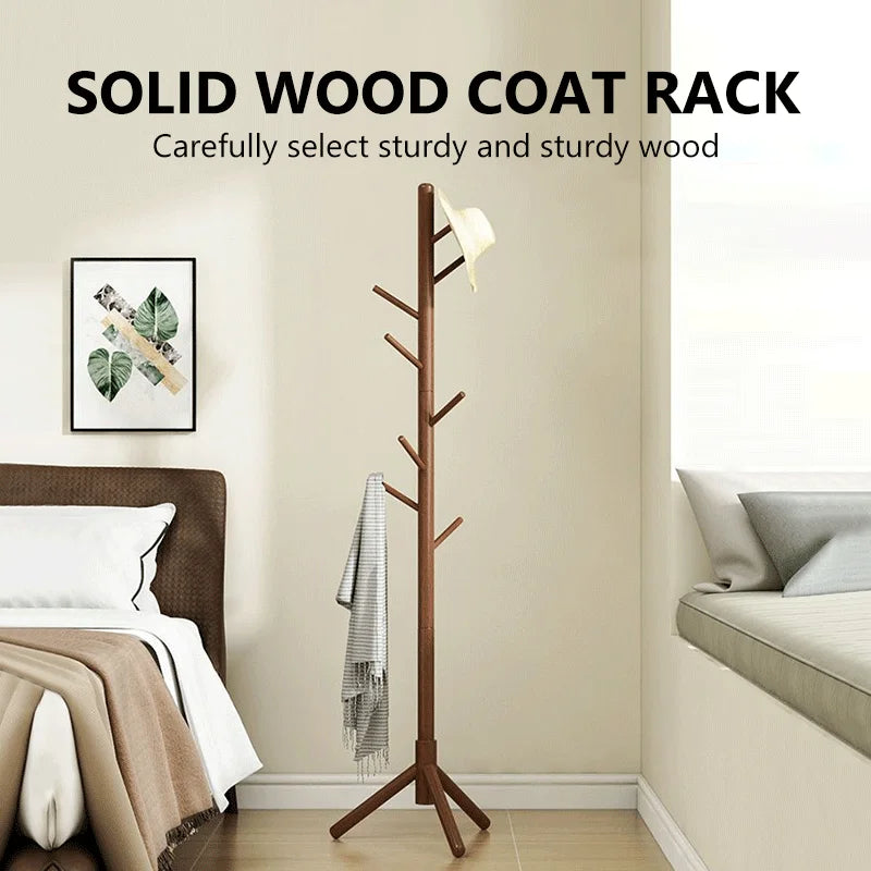Wood Coat Rack Stand with 9 Hooks, 3 Height Adjustable, simple Freestanding Solid Wooden Coat Tree Hanger for Clothes, Hats, Scarves, bags, Jackets, Bedroom