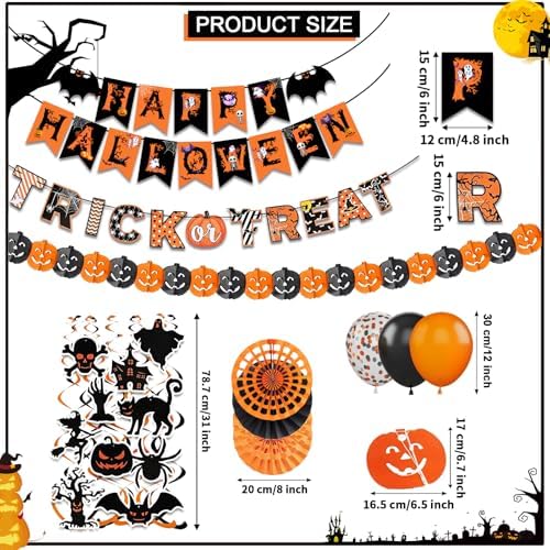 Black Orange Happy Halloween Trick or Treat Banner Paper Fan Balloons & Swirl Streamers Goul Bat Cat Bird Ghost Pumpkin Lantern for Halloween Decorations