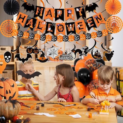 Black Orange Happy Halloween Trick or Treat Banner Paper Fan Balloons & Swirl Streamers Goul Bat Cat Bird Ghost Pumpkin Lantern for Halloween Decorations