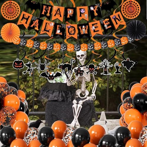 Black Orange Happy Halloween Trick or Treat Banner Paper Fan Balloons & Swirl Streamers Goul Bat Cat Bird Ghost Pumpkin Lantern for Halloween Decorations