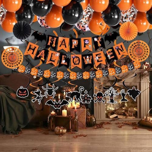 Black Orange Happy Halloween Trick or Treat Banner Paper Fan Balloons & Swirl Streamers Goul Bat Cat Bird Ghost Pumpkin Lantern for Halloween Decorations