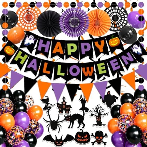 Happy Halloween Banner Triangular bunting Paper flower fans Circle garland Latex balloons Swirls for Halloween Party decoration Indoor Outdoor Wall Door Decoration