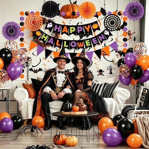 Happy Halloween Banner Triangular bunting Paper flower fans Circle garland Latex balloons Swirls for Halloween Party decoration Indoor Outdoor Wall Door Decoration
