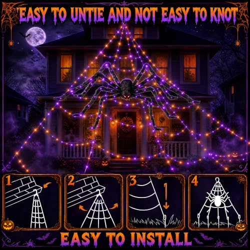Halloween Light up Spider Web: 16FT 150 LED Large Glow in the Dark Spiderweb Halloween Outdoor Decoration – Giant Lighted Web Decor for House and Yard