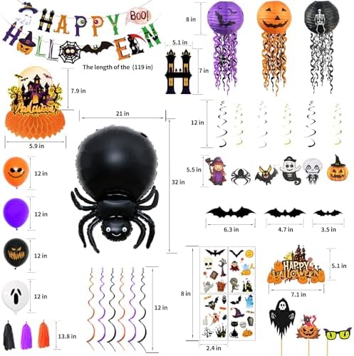 93Pcs Halloween Party Decorations, Halloween Birthday Party Decorations Set Including Banner Wire Lanterns Glow Tattoos Photo Props Spiders Balloons Hanging Swirls Bats Tassels