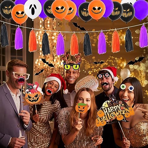 93Pcs Halloween Party Decorations, Halloween Birthday Party Decorations Set Including Banner Wire Lanterns Glow Tattoos Photo Props Spiders Balloons Hanging Swirls Bats Tassels