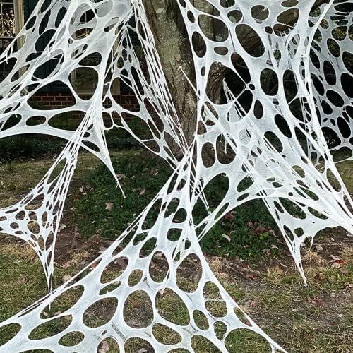 1200 Sqft （After Streched with Holes） Uncut Giant Spider Web Halloween Decorations Outdoor with 10 Ground Nails Stretchy Beef Cloth Netting Cut-Your-Own Flexible Elastic for Yard Party Decor