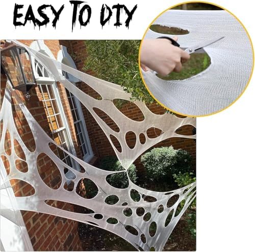 1200 Sqft （After Streched with Holes） Uncut Giant Spider Web Halloween Decorations Outdoor with 10 Ground Nails Stretchy Beef Cloth Netting Cut-Your-Own Flexible Elastic for Yard Party Decor