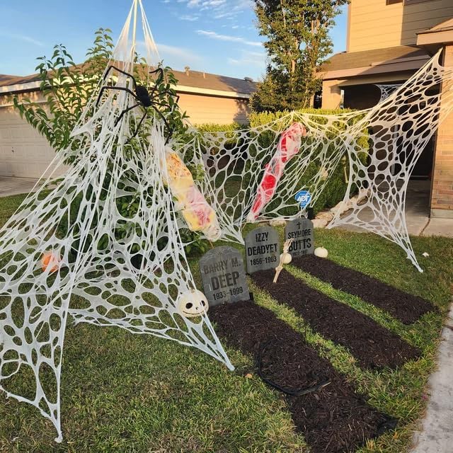 1200 Sqft （After Streched with Holes） Uncut Giant Spider Web Halloween Decorations Outdoor with 10 Ground Nails Stretchy Beef Cloth Netting Cut-Your-Own Flexible Elastic for Yard Party Decor