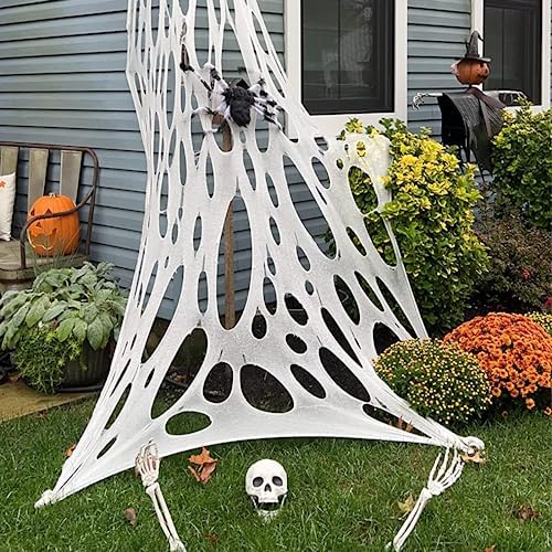 1200 Sqft （After Streched with Holes） Uncut Giant Spider Web Halloween Decorations Outdoor with 10 Ground Nails Stretchy Beef Cloth Netting Cut-Your-Own Flexible Elastic for Yard Party Decor