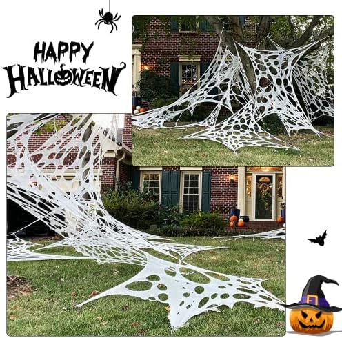 1200 Sqft （After Streched with Holes） Uncut Giant Spider Web Halloween Decorations Outdoor with 10 Ground Nails Stretchy Beef Cloth Netting Cut-Your-Own Flexible Elastic for Yard Party Decor