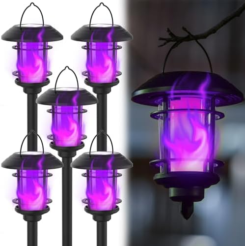 6 Pack Solar Flame Torch Lights Outdoor, Dual Use Flickering Purple Flame Garden Light, Hanging Lantern, Auto On/Off & Waterproof Halloween Lighting for Lawn Patio Yard Walkway Driveway
