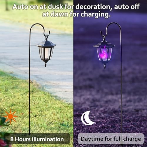 4 Pack Solar Halloween Flame Hanging Lights Outdoor, Flickering Flame LED Garden Lanterns with 4x38 Inch Shepherd Hooks, Landscape Lighting Waterproof for Lawn Yard Pathway Driveway, Purple