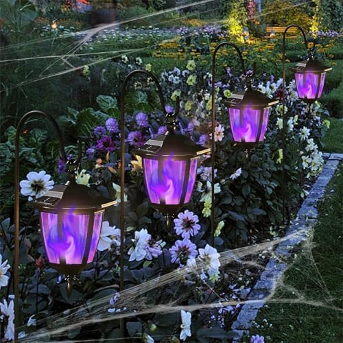 4 Pack Solar Halloween Flame Hanging Lights Outdoor, Flickering Flame LED Garden Lanterns with 4x38 Inch Shepherd Hooks, Landscape Lighting Waterproof for Lawn Yard Pathway Driveway, Purple