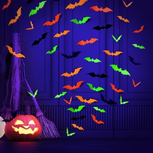 Glow Halloween Bat Stickers, Neon Bat Wall Decals, 72PCS, 4 Sizes