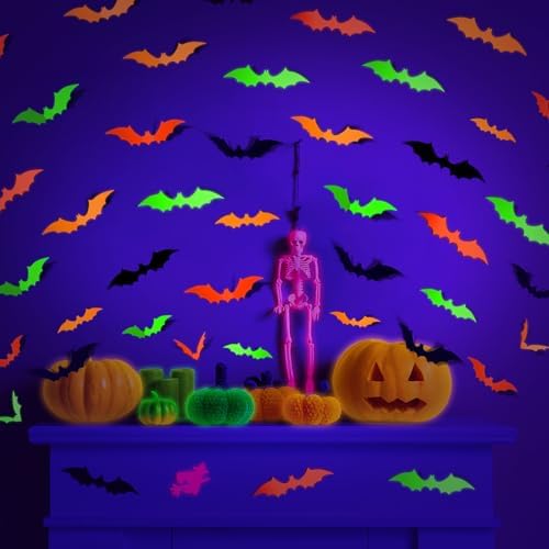 Glow Halloween Bat Stickers, Neon Bat Wall Decals, 72PCS, 4 Sizes