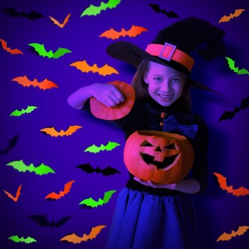 Glow Halloween Bat Stickers, Neon Bat Wall Decals, 72PCS, 4 Sizes