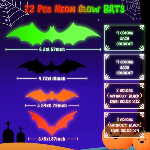Glow Halloween Bat Stickers, Neon Bat Wall Decals, 72PCS, 4 Sizes