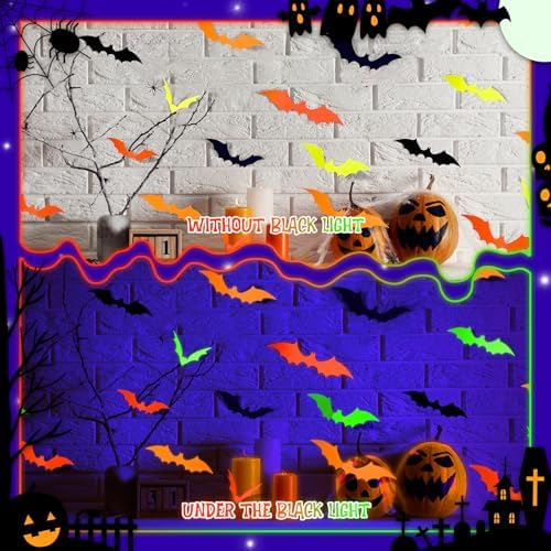 Glow Halloween Bat Stickers, Neon Bat Wall Decals, 72PCS, 4 Sizes