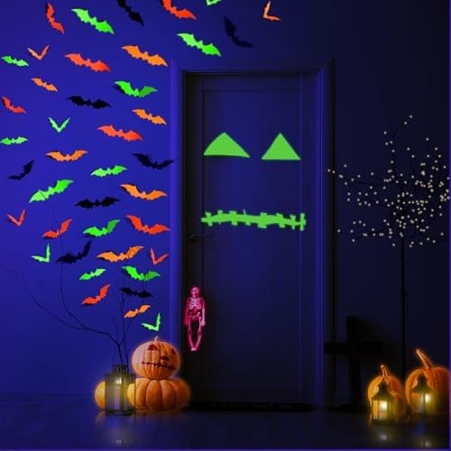Glow Halloween Bat Stickers, Neon Bat Wall Decals, 72PCS, 4 Sizes