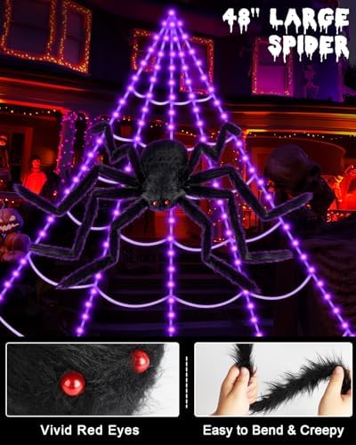 Brighter Spider Webs Halloween Decorations Lights,16.4Ft 8 Modes Giant Spiderweb,250 Purple LED Light Up,with 48'' Giant Spider,Waterproof & Timer,Halloween Decor for Outdoor