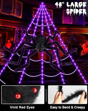 Brighter Spider Webs Halloween Decorations Lights,16.4Ft 8 Modes Giant Spiderweb,250 Purple LED Light Up,with 48'' Giant Spider,Waterproof & Timer,Halloween Decor for Outdoor