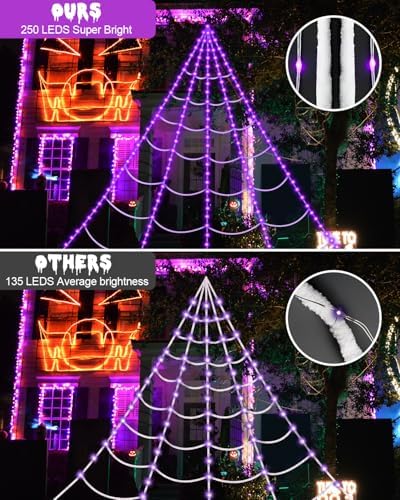 Brighter Spider Webs Halloween Decorations Lights,16.4Ft 8 Modes Giant Spiderweb,250 Purple LED Light Up,with 48'' Giant Spider,Waterproof & Timer,Halloween Decor for Outdoor