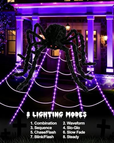 Brighter Spider Webs Halloween Decorations Lights,16.4Ft 8 Modes Giant Spiderweb,250 Purple LED Light Up,with 48'' Giant Spider,Waterproof & Timer,Halloween Decor for Outdoor