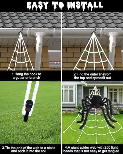 Brighter Spider Webs Halloween Decorations Lights,16.4Ft 8 Modes Giant Spiderweb,250 Purple LED Light Up,with 48'' Giant Spider,Waterproof & Timer,Halloween Decor for Outdoor