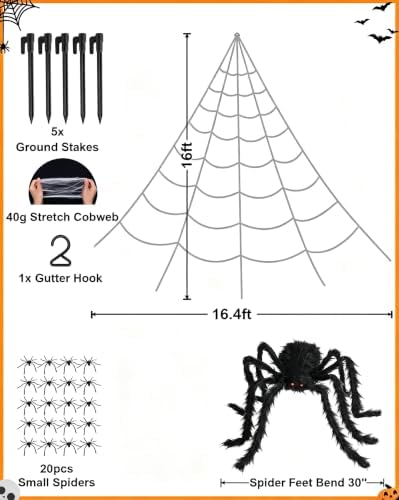 Brighter Spider Webs Halloween Decorations Lights,16.4Ft 8 Modes Giant Spiderweb,250 Purple LED Light Up,with 48'' Giant Spider,Waterproof & Timer,Halloween Decor for Outdoor